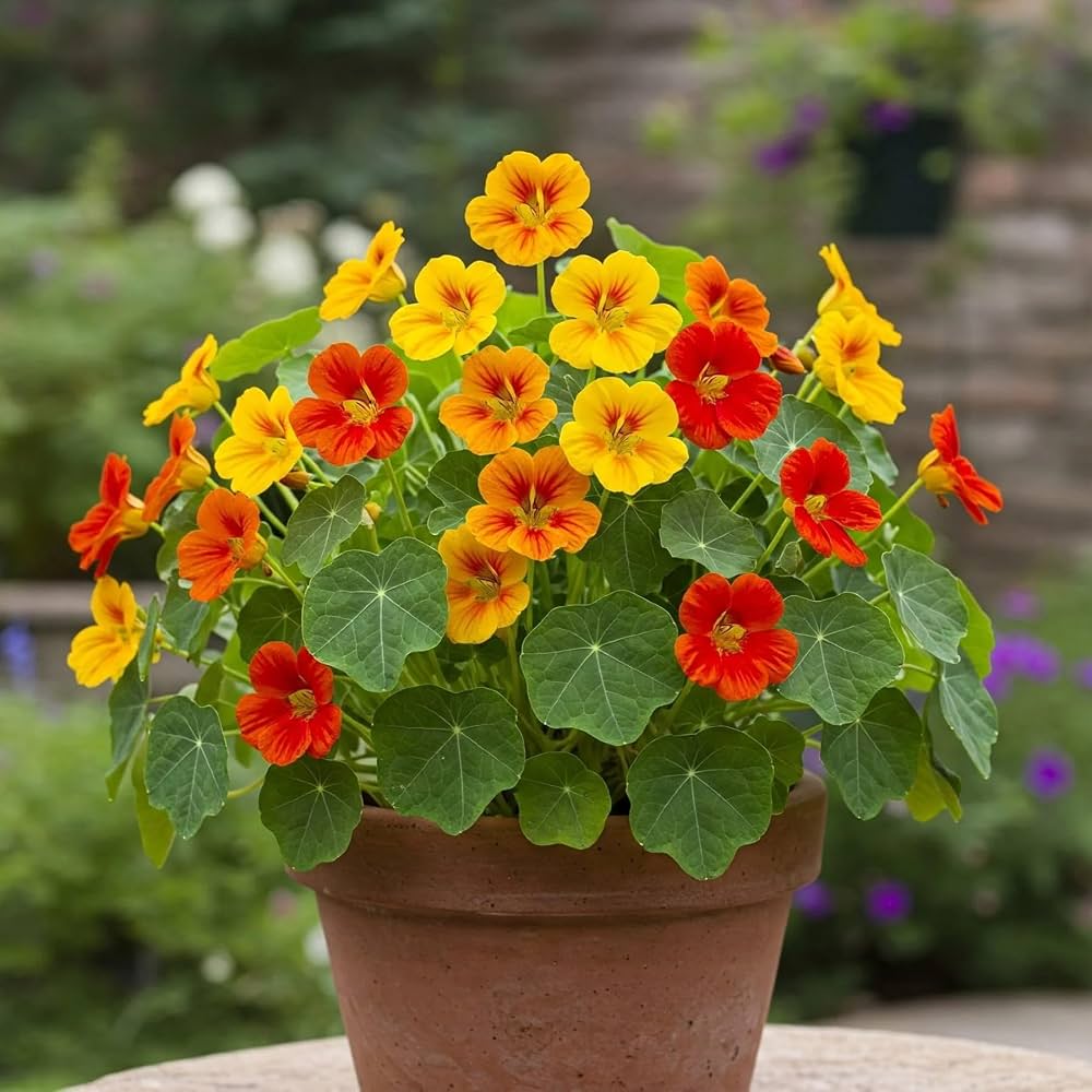 Colorful Nasturtium Jewels flowers with rounded green foliage