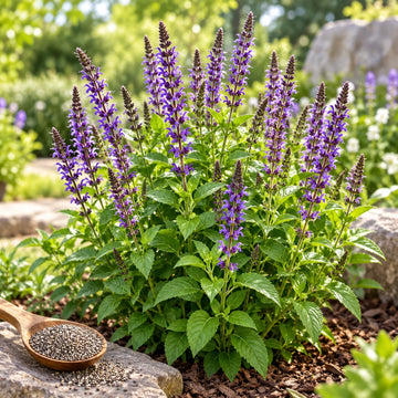 Salvia hispanica Mexican White Chia plant with green foliage and upright flowering clusters
