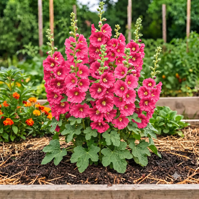 Pastel Hollyhock Alcea rosea flowering plants with tall green stems, broad foliage, and soft pastel-colored blossoms in a cottage garden