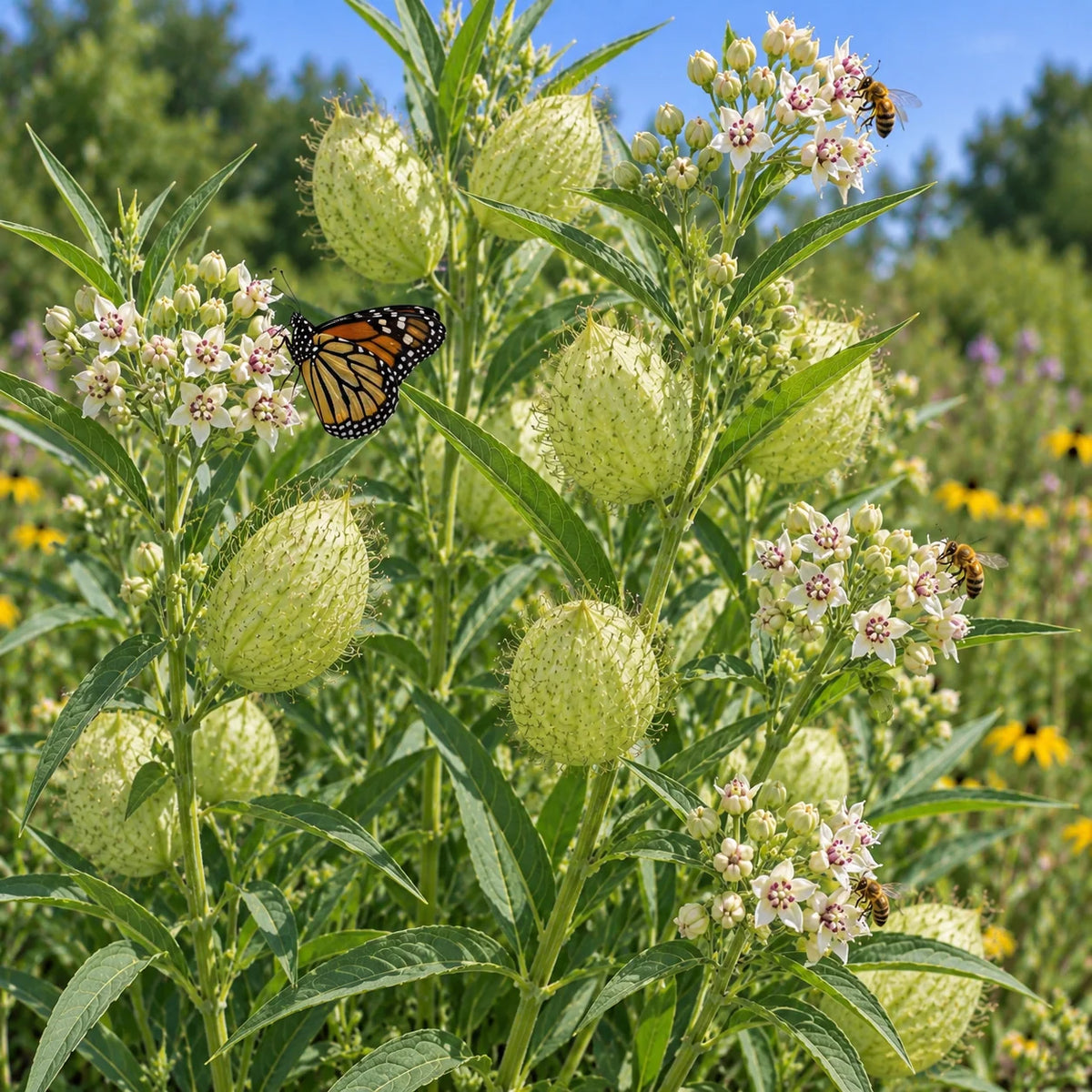 Swan Plant Asclepias physocarpa with cream-white flowers, narrow green leaves, and balloon-shaped seed pods growing in an outdoor ornamental garden