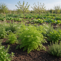Curly chervil plant with finely divided green leaves growing in a home kitchen garden.