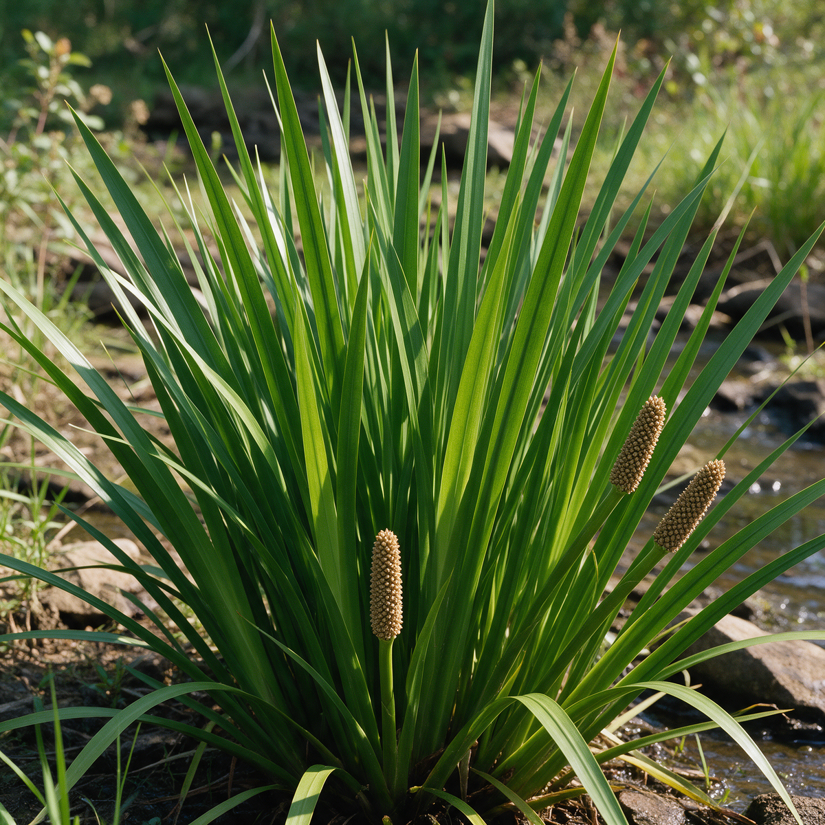 Calamus plant with narrow sword-like leaves in a wet garden setting