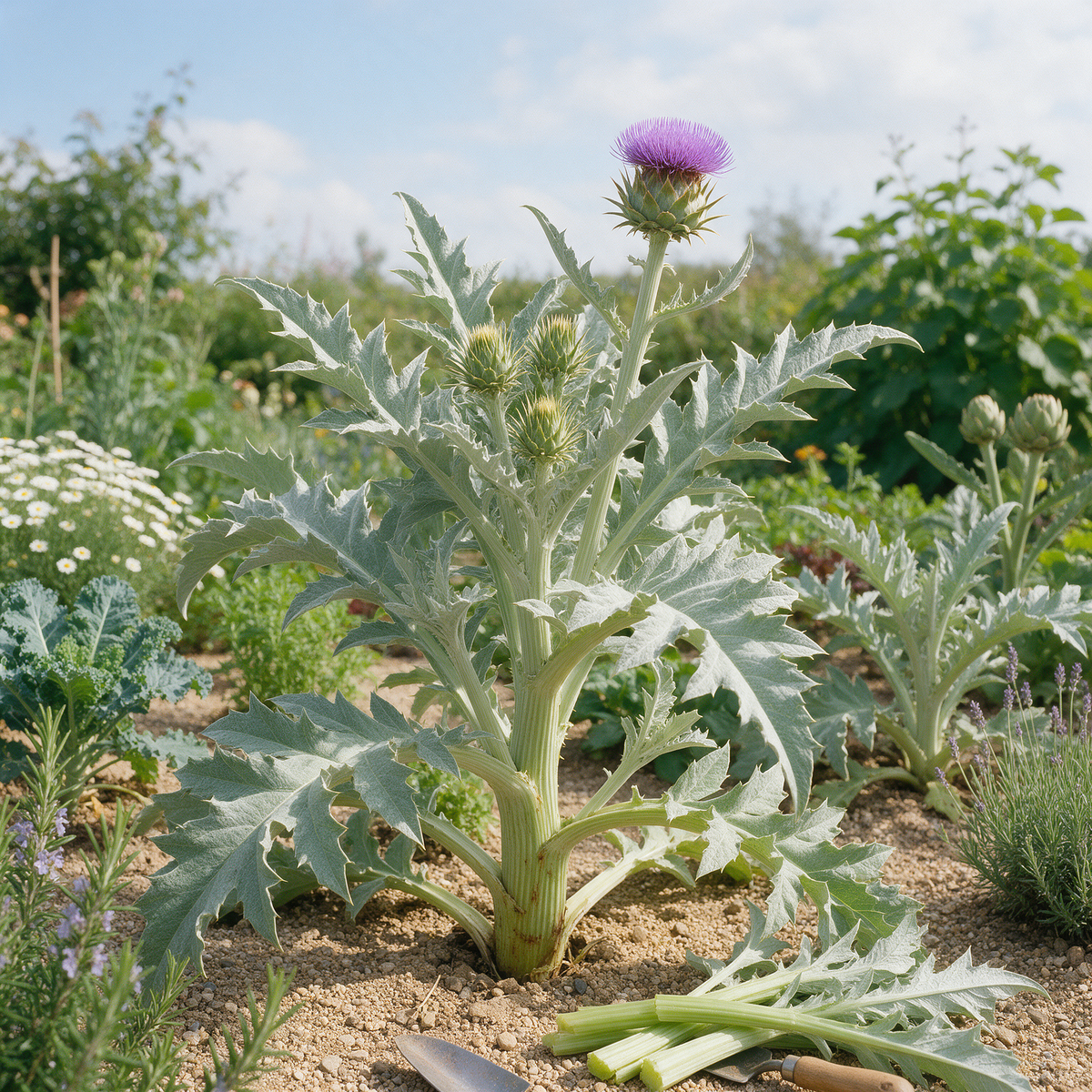 Cardoon vegetable plant with large divided grey-green leaves