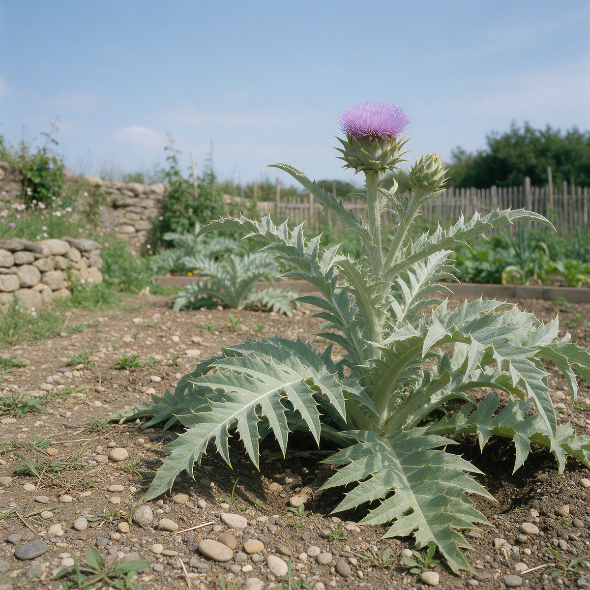Cynara cardunculus Cardoon growing in a vegetable garden