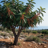 Carob Tree with dense foliage and distinctive pods