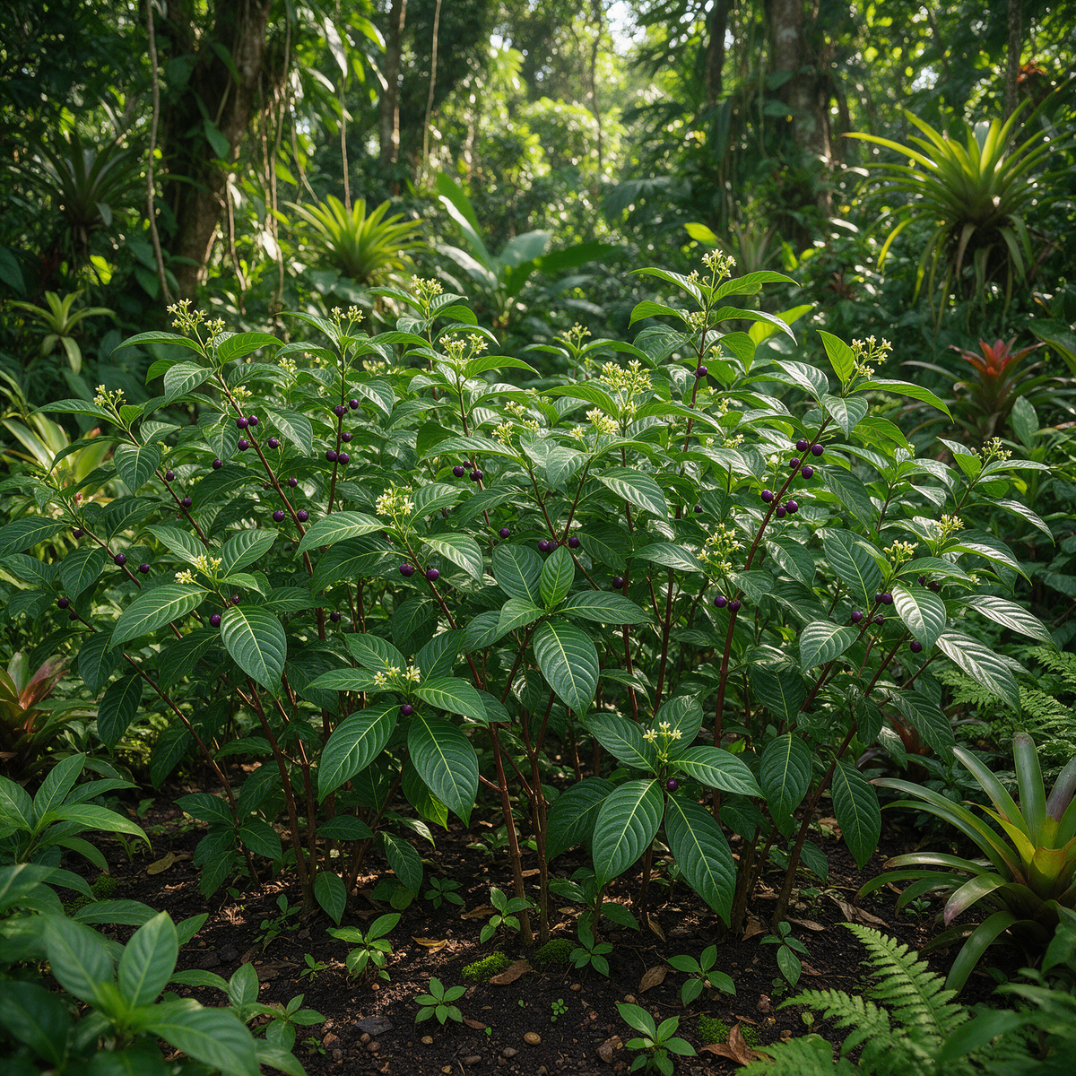 Psychotria viridis Chacruna shrub featuring broad green tropical foliage