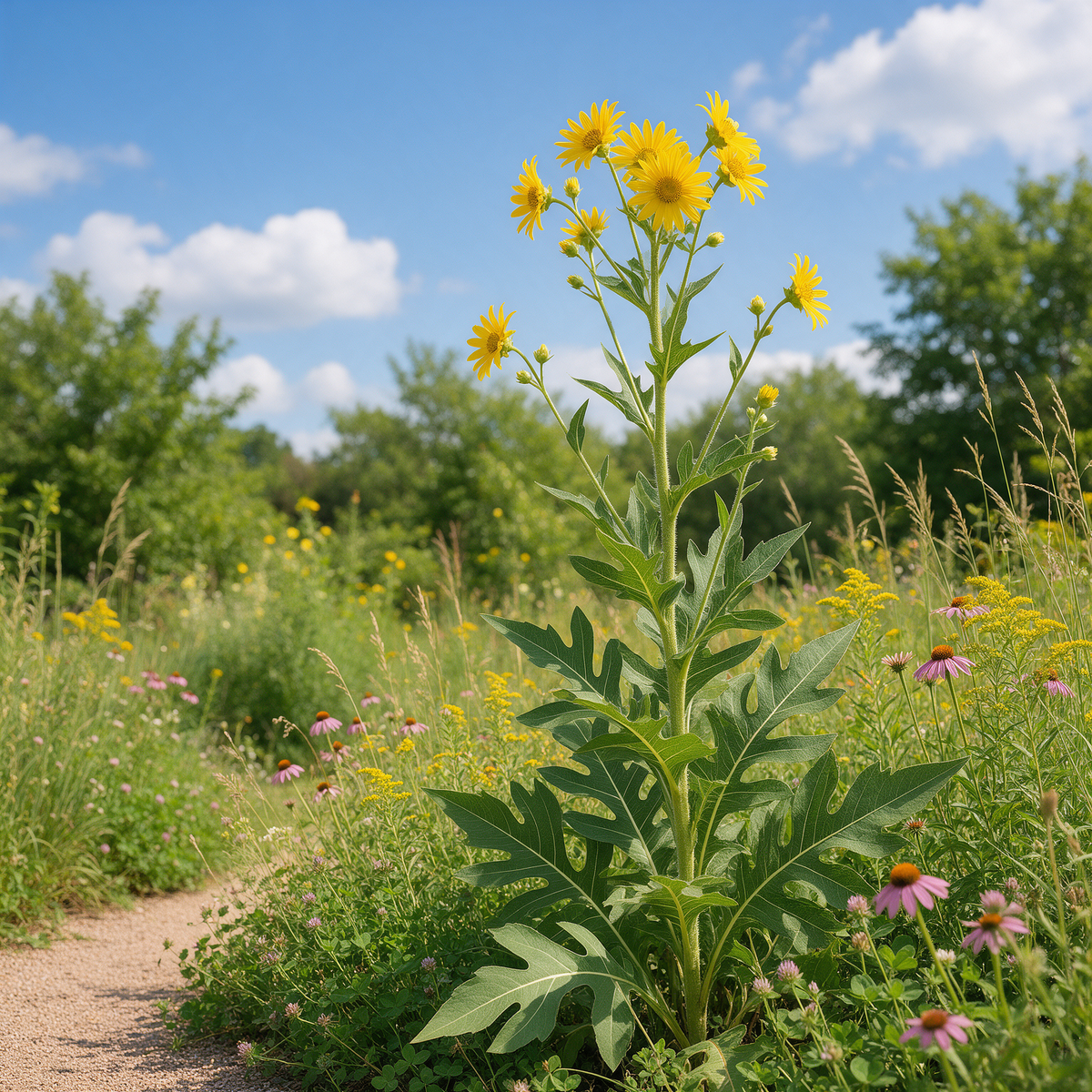 Compass Plant with deeply divided green foliage and yellow sunflower-like flower heads