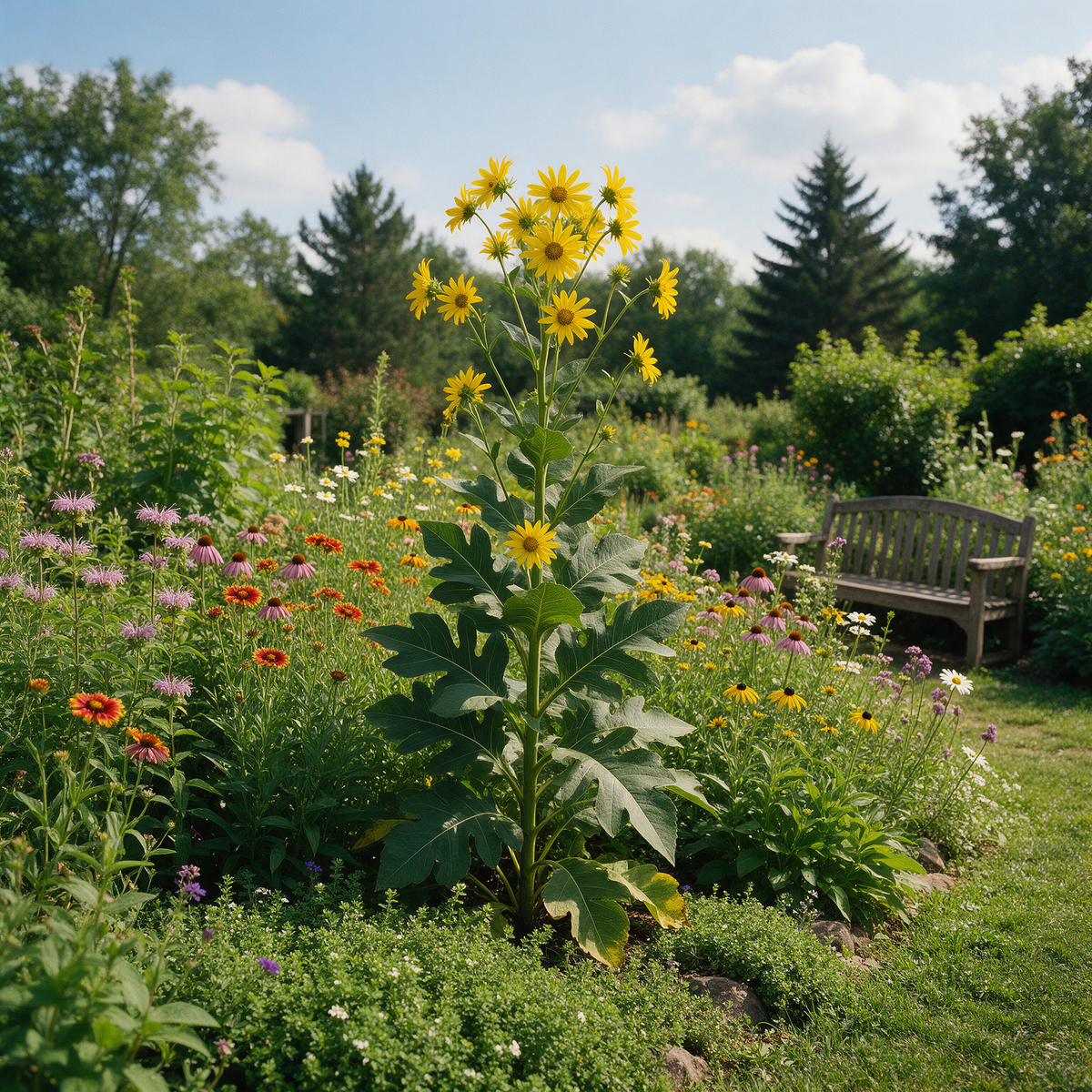 Silphium laciniatum Compass Plant with deeply divided leaves and yellow flower heads
