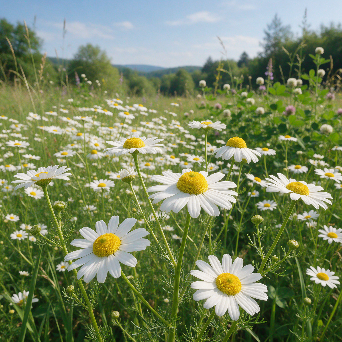 German Chamomile flowering herb with white daisy-like petals, yellow centers, and fine green foliage.
