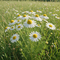 German Chamomile flowering herb with white petals, yellow flower centers, and fine green foliage.