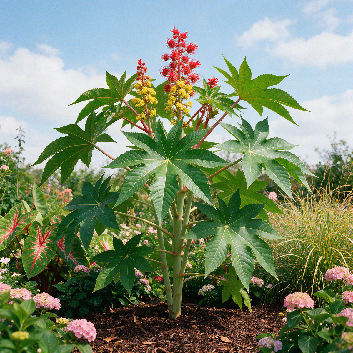 Giant Castor ornamental plant with large palmate leaves