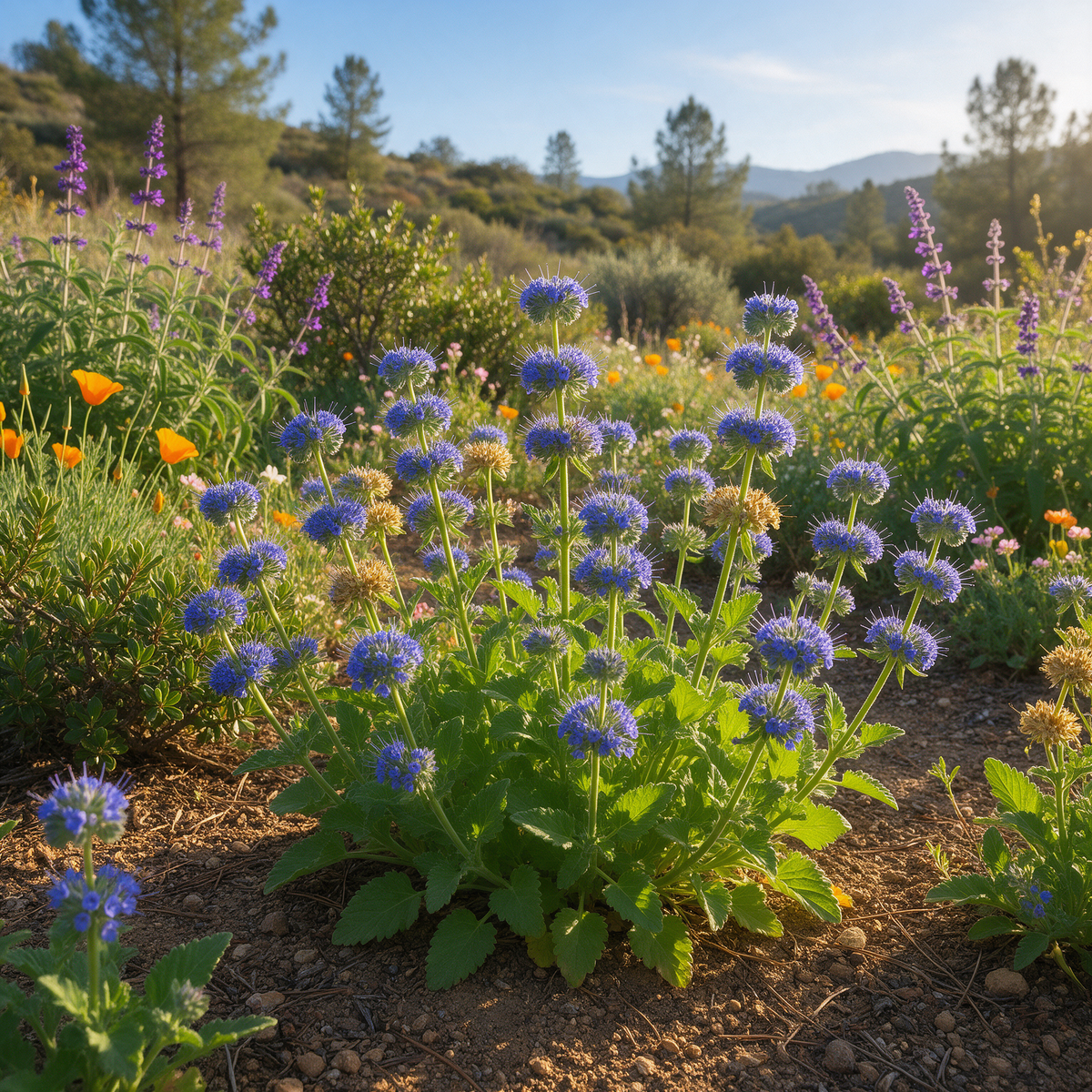 Golden Chia Salvia columbariae plant with textured divided foliage and blue-violet flower clusters