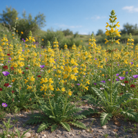 Golden Chia Salvia columbariae flowering herb with divided foliage and blue-violet flower clusters