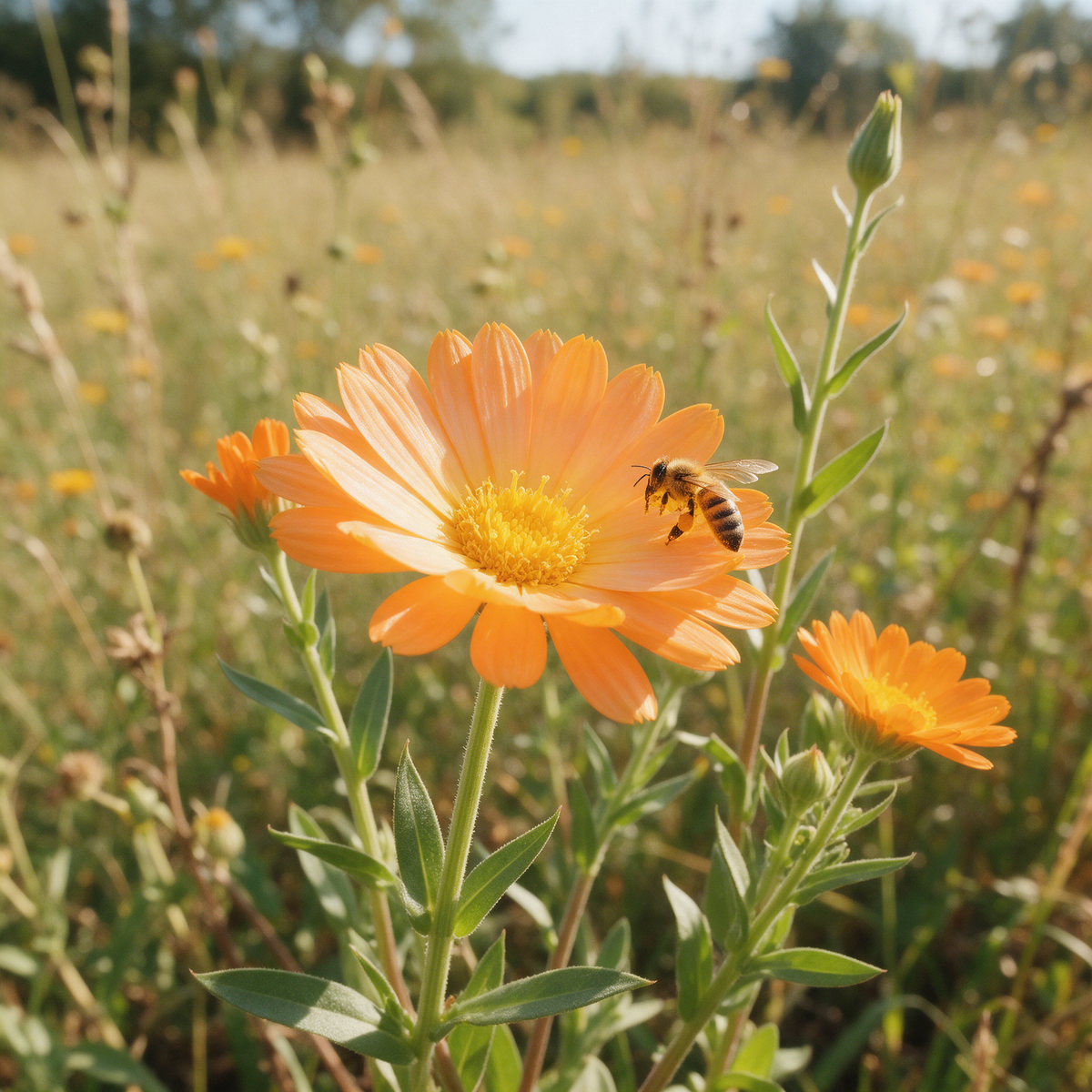 Calendula arvensis Wild Calendula blooming in a garden