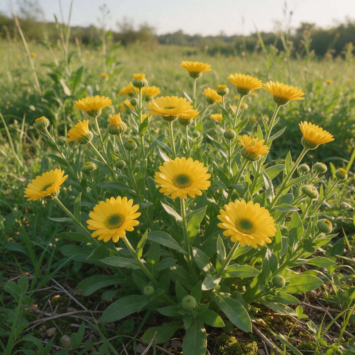 Calendula arvensis Wild Calendula organic flowers in a garden