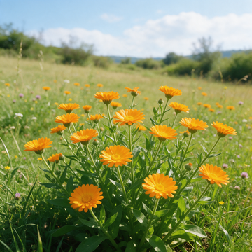 Organic Calendula arvensis Wild Calendula flowers in a garden