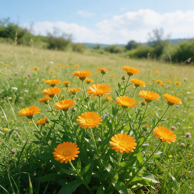 Organic Calendula arvensis Wild Calendula flowers in a garden