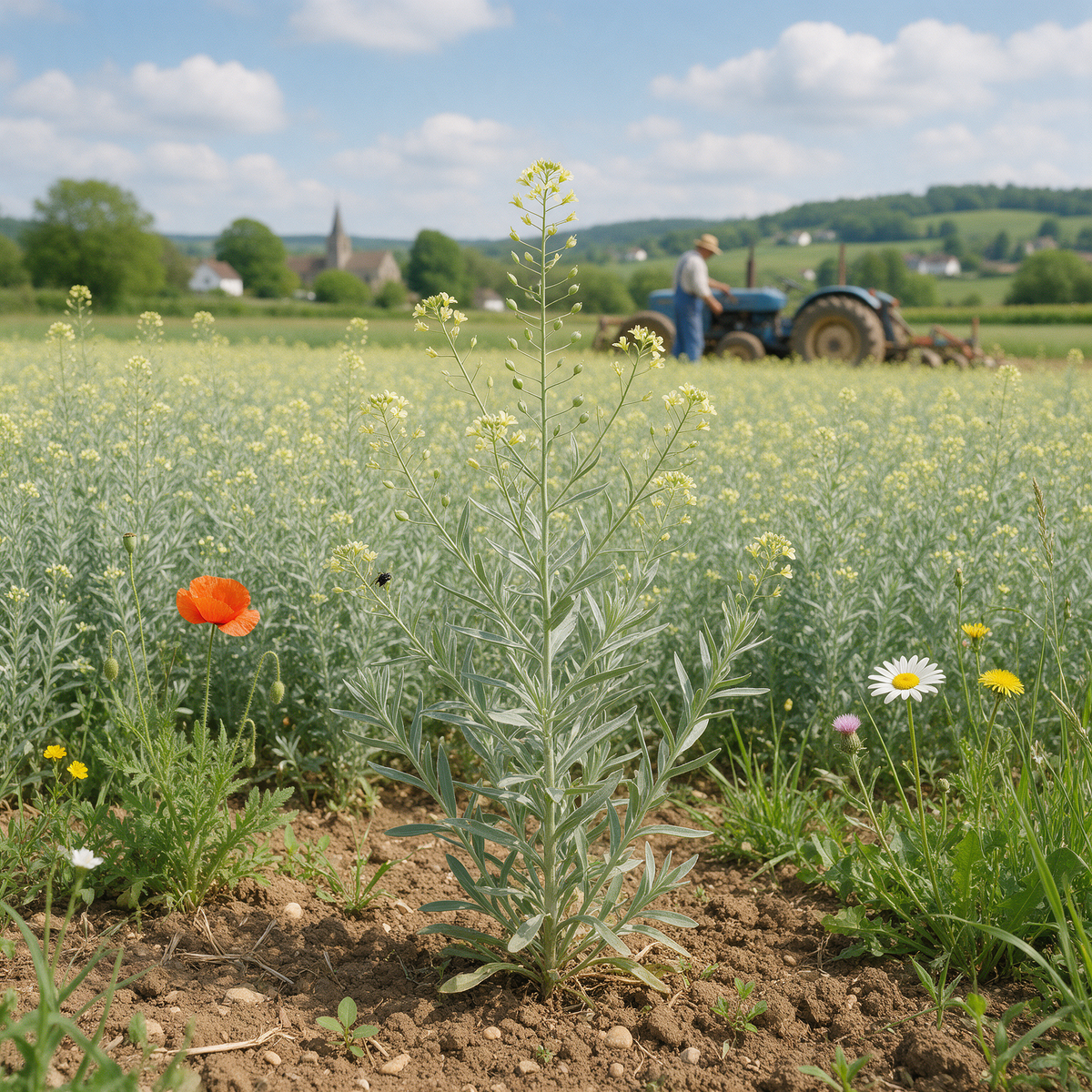 Camelina sativa flowering plant with yellow flowers