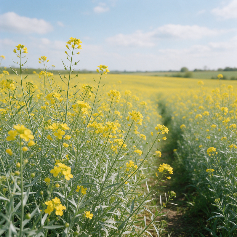 Organic Camelina sativa with yellow flowers