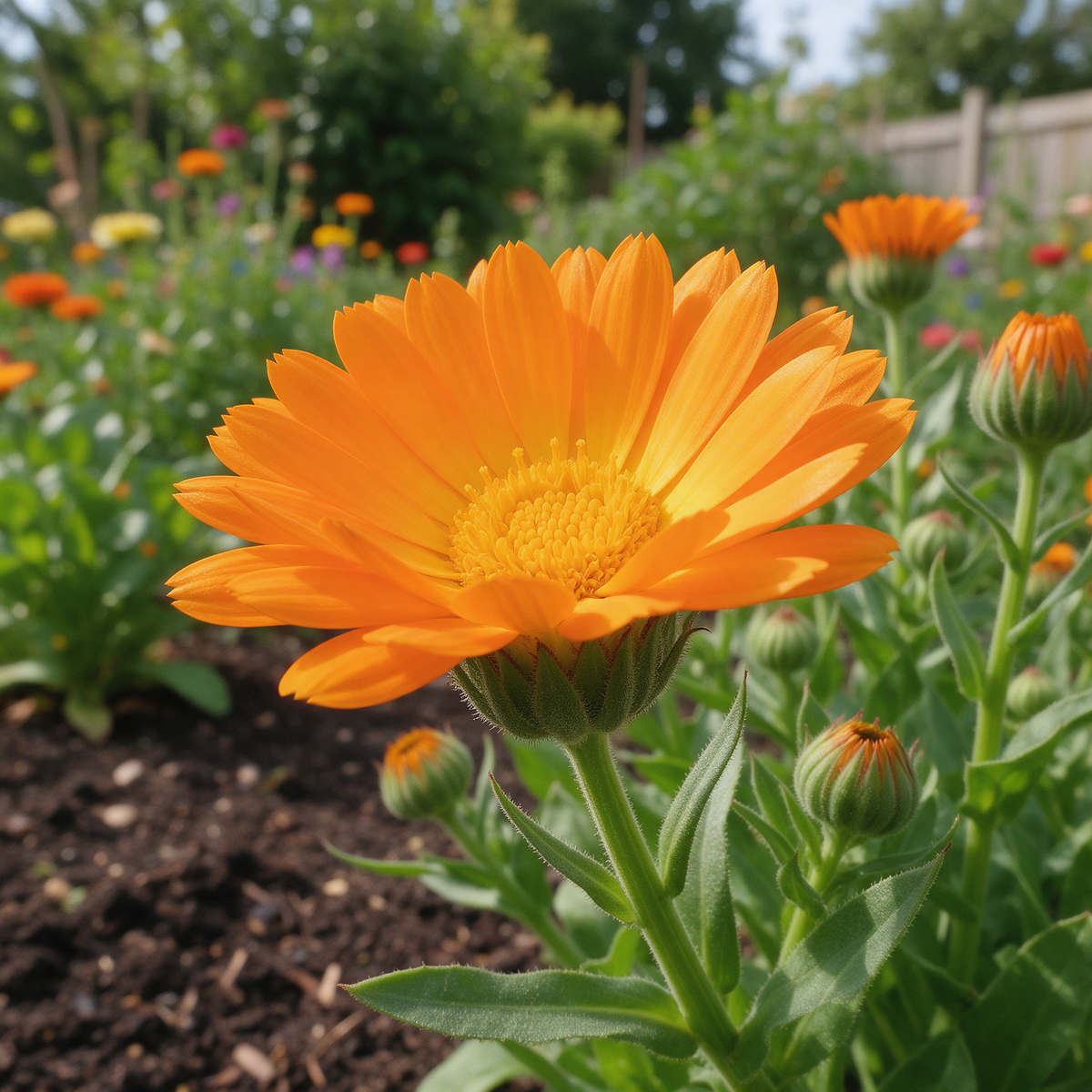 Calendula officinalis Orange flowers blooming in a garden