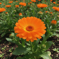 Orange Calendula officinalis organic flowers blooming in a garden