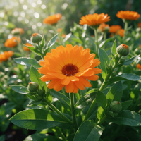 Calendula officinalis orange blooms in an ornamental flower bed