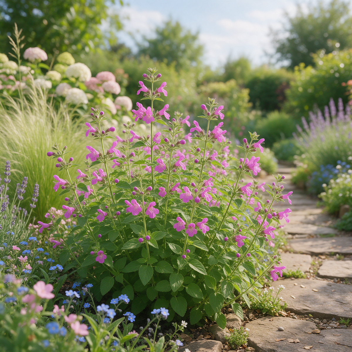 Showy Calamint plant with tubular flowers and leafy stems